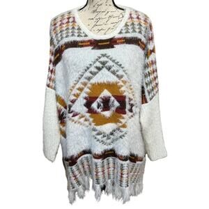 ALTAR’D STATE Eyelash Poncho Sweater Size M/L Tribal Print Boho Cowgirl Fringe